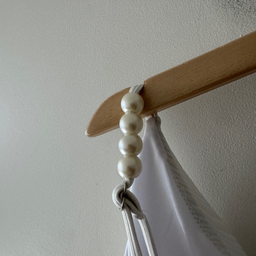 White Triangle Ribbed Bikini Top Pearl Strap Bridal - Picture 2 of 5